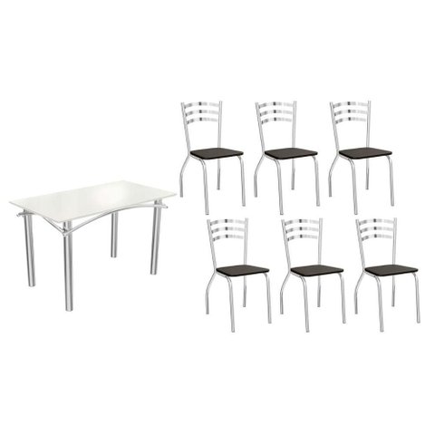 Conjunto: Mesa de Cozinha Elba Tampo Madeirado C/ Vidro 120cm e 6 Cadeiras Portugal Cromada/off