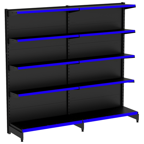 Kit Gôndola Parede 1 Inicial + 1 Continuação Preta Porta Etiqueta Azul 1,70m