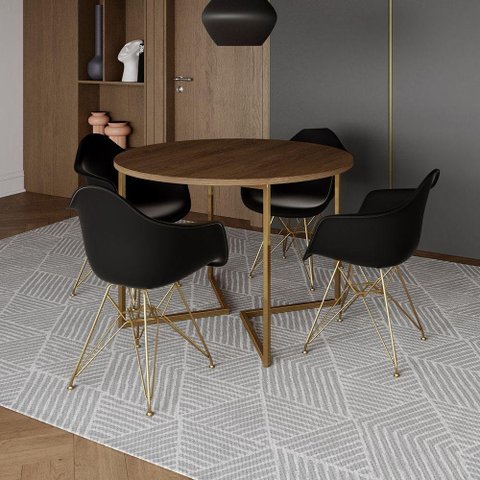 Mesa Jantar Industrial Amêndoa 110Cm Redonda Base V C/4 Poltronas Daw Pretas Base Dou Cor: Amendoa