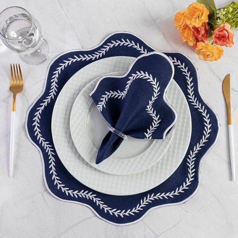 Jogo de Guardanapos Sousplat Americano 12 Peças Bordado Decorativo - Paris Detalhe Branco Marinho