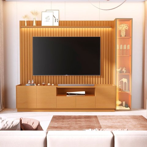 Rack Painel para TV até 84 Polegadas com 100% MDF 269cmx219cm Led Vitoria Regia YesCasa Marrom Nature