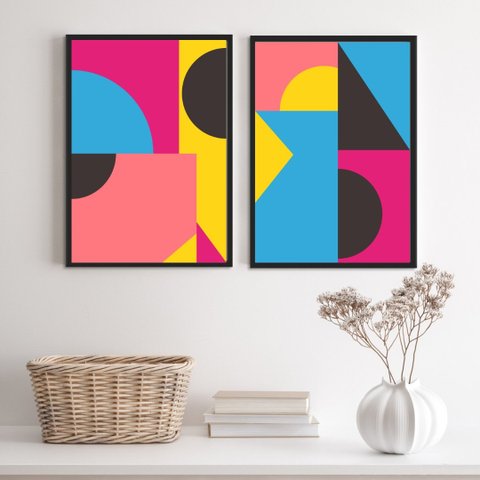 Kit 2 Quadros Abstratos Azul Rosa Amarelo 45x34cm:madeira Preta