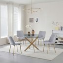 Ver imagem 1 de Conjunto Mesa de Jantar Lara 120cm Vidro Redondo Aço Carbono Bronze Chic 4 Cadeiras em Linho - Cinza