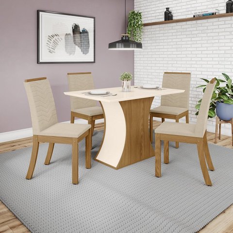 Conjunto Sala de Jantar Mesa 120cm Tampo MDF Canto Reto com 4 Cadeiras Madely Espresso Móveis Bege/Nature/Off White/Linho