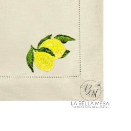 Guardanapo Linho Bege Ponto Ajour Bordado Limão Siciliano Tropical 50x50 cm - 2