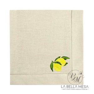 Guardanapo Linho Bege Ponto Ajour Bordado Limão Siciliano Tropical 50x50 cm
