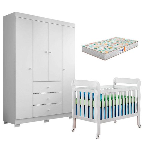 Berço Americano Lila e Guarda Roupa Duda 4 Portas Branco Brilho com Colchão Gazin – Phoenix Baby