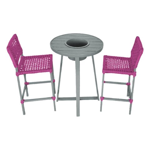 Conjunto Bistrô Champanheira Cinza Tampo Ripado e 2 Banquetas França Corda Náutica Rosa