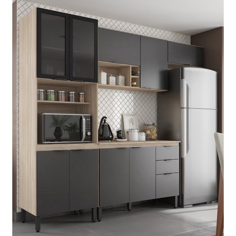 Cozinha Modulada Completa 10 Portas 02 Gavetas Firenze Avena Grafito Demóbile