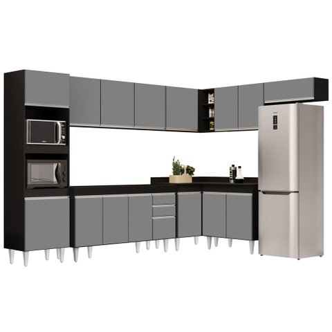 Armário de Cozinha Modulada de Canto 8 Peças CP07 Balcão Preto/Cinza - Lumil Lumil Móveis