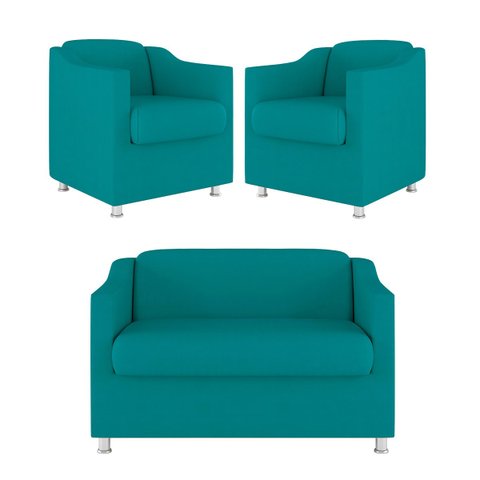 Kit Sofá Namoradeira + 02 Poltrona Tilla Recepção Sala Suede Cor:azul Turquesa