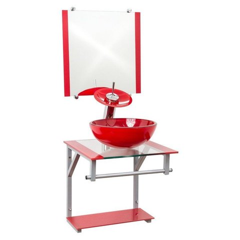 Gabinete de Vidro 40cm Cuba Redonda Vermelho + Torneira Cascata - Dahora