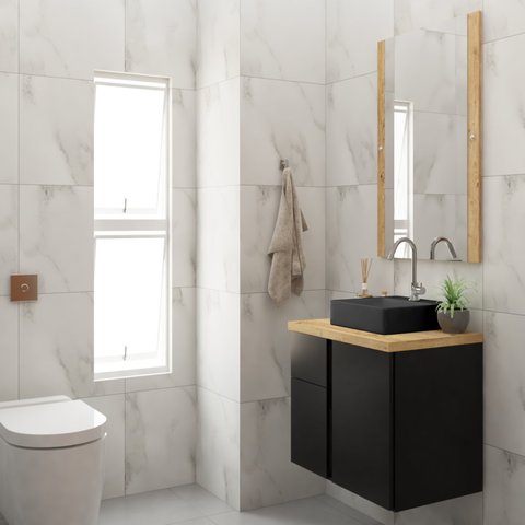 Conjunto para Banheiro Gabinete 60cm 1 Porta 2 Gavetas Castellon com Cuba e Espelheira Darabas Agard