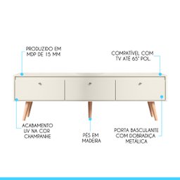 Rack Retrô para Tv 65 Pol. com 3 Portas 160 X 59 Cm Memphis Mdp Champanhe 0673 Menu - 2