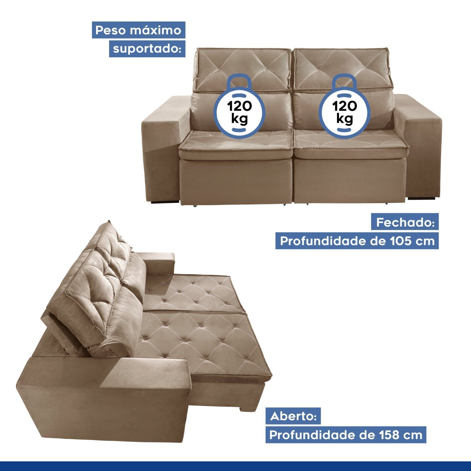 Sofá Recife 4 Lugares Retrátil e Reclinável 250cm com Molas Yescasa MadeiraMadeira