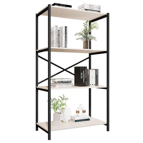 Estante Livreiro Steel 90cm Estilo Industrial com Pés em Aço Preto/off White