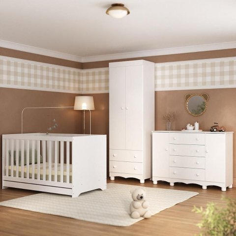 Quarto de Bebê Completo com Berço Americano 3 em 1 Dengo Multimóveis Mp4596 Branco