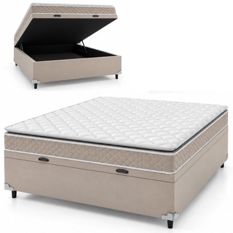 Cama Box Baú Casal Colchão D45 Top Hellen Strong Bege Suporta até 150kg por Pessoa