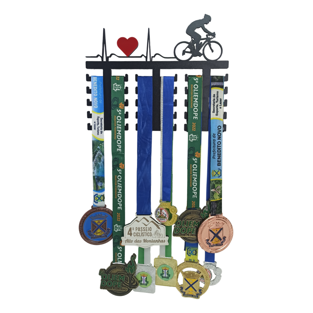 Quadro Expositor de Medalhas Bike - Porta Medalhas de MDF Preto com Coração Vermelho para 30 Medalha