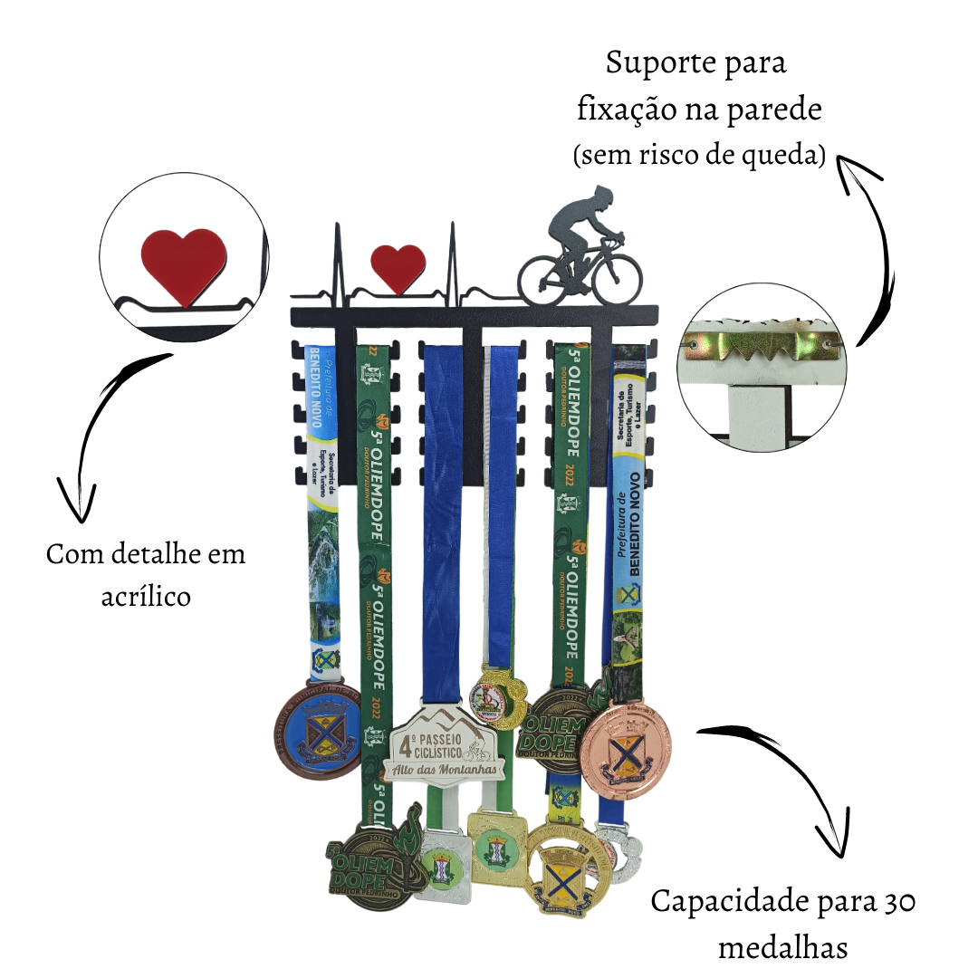 Quadro Expositor de Medalhas Bike - Porta Medalhas de MDF Preto com Coração Vermelho para 30 Medalha - 3