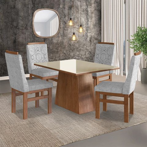 Conjunto Mesa e 4 Cadeiras Madeira Maciça Cinza/Canela/Off White
