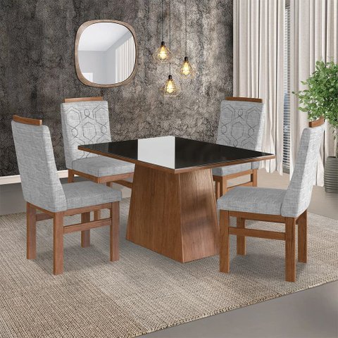 Conjunto Sala de Jantar Mesa 90x120cm Tampo Vidro com 4 Cadeiras Madeira Maciça Tecido Joli Cinza/Canela/Preto