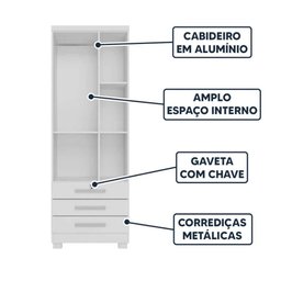 Guarda Roupa Solteiro Floripa 2 Portas 3 Gavetas com Cabideiro - Branco - 4