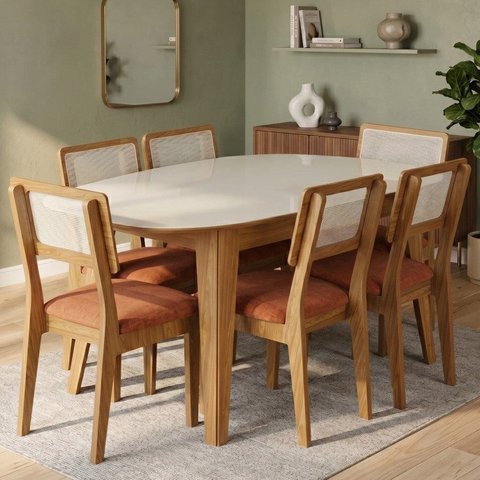 Conjunto para Sala de Jantar Mesa Orgânica e 6 Cadeiras Estofadas Encosto Telado 100% MDF Bolonha