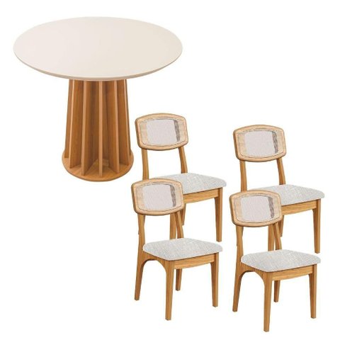 Mesa de Jantar Redonda Base Ripada 4 Lugares MDF Off White com Freijó e Tweed Claro 90cm Dalla