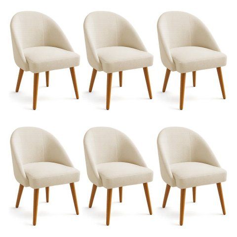 Kit 06 Cadeiras Poltrona de Jantar Estofada Luna Boucle Bege Pés Palito Castanho
