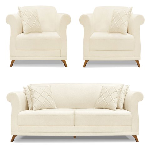 Kit 2 Poltronas e Sofá Living 2 Lugares 1,80m Vênus Linho Pés Castanho - Pallazio Cinza