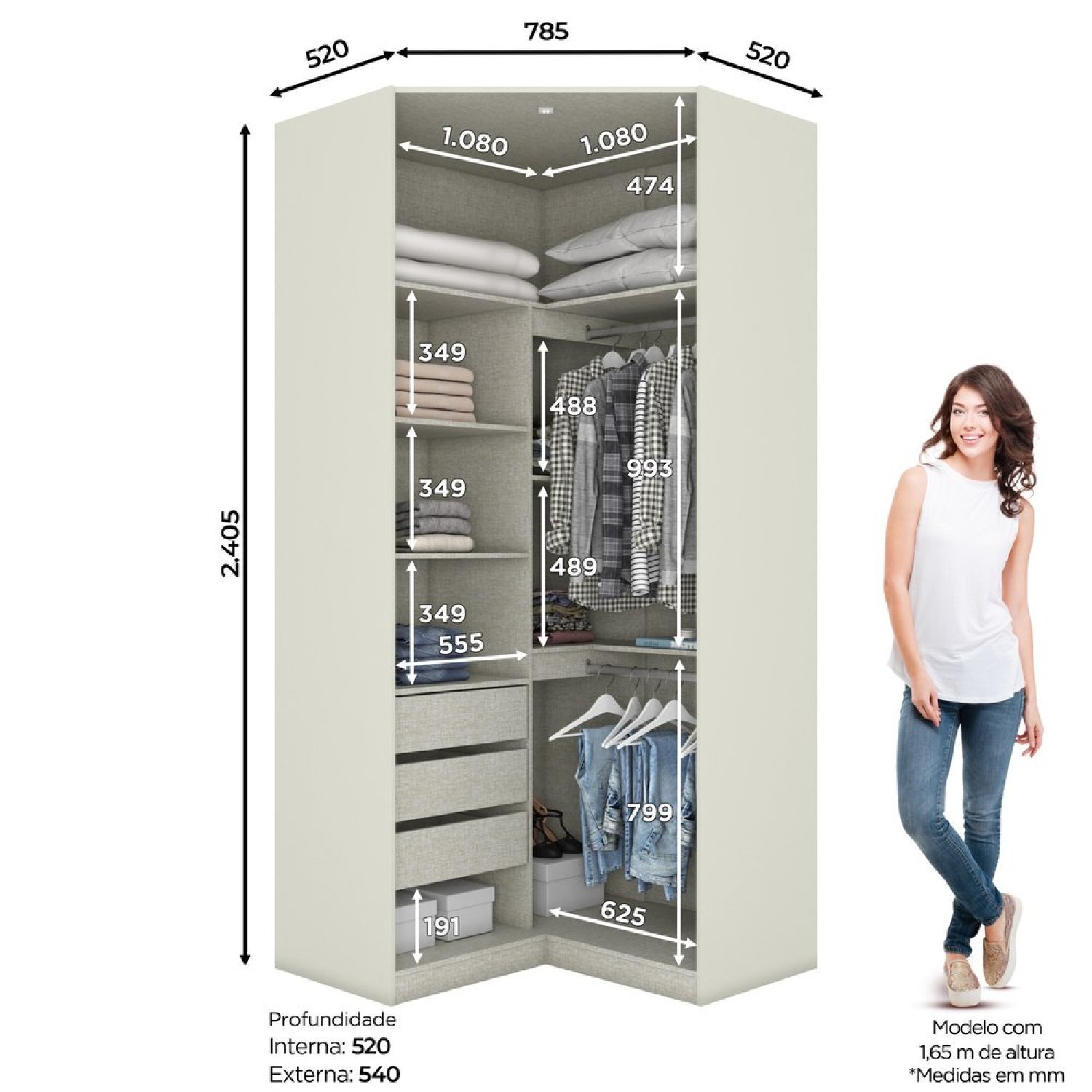 Guarda Roupa de Canto Modulado 2 Portas 3 Gavetas Predileto Henn - 3