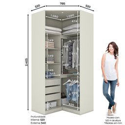Guarda Roupa Canto Closet Modulado 2 Portas 3 Gavetas Led Predileto - 3