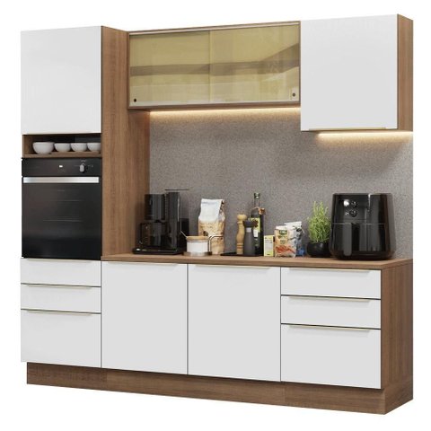Armário de Cozinha Completa 240cm Rustic/branco Veludo Lux Madesa 08 Rustic/branco Veludo Rustic/
