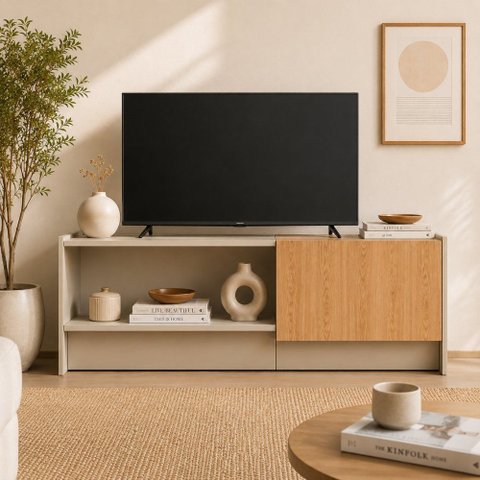 Rack TV 155cm com 1 Porta Basculante e Rodapé Off White Byhouse