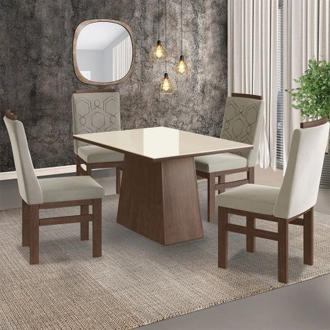 Conjunto Sala de Jantar Mesa 90x120cm Tampo Vidro com 4 Cadeiras Madeira Maciça Tecido Joli Cinza/Canela/Off White