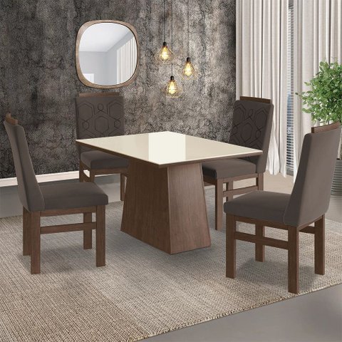 Conjunto Sala de Jantar Mesa 90x120cm Tampo Vidro com 4 Cadeiras Madeira Maciça Tecido Joli Marrom/Tabaco/Off White