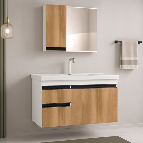 Kit Armário de Banheiro Fimap Gabinete com Cuba Lavatório King 73cm Fimap Branco Freijó