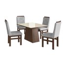 Ver imagem 2 de Conjunto Sala de Jantar Mesa 90x120cm Tampo Vidro com 4 Cadeiras Madeira Maciça Tecido Linho Cinza/Tabaco/Off White
