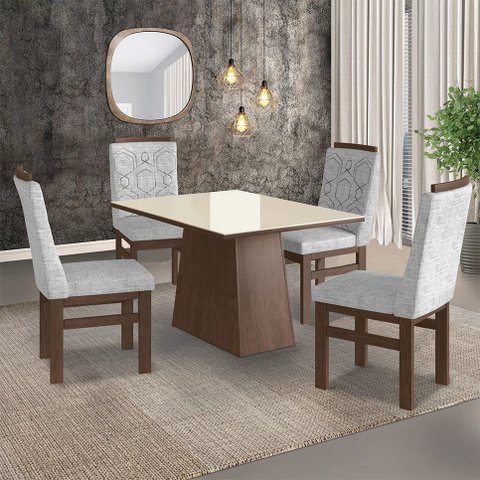 Conjunto Sala de Jantar Mesa 90x120cm Tampo Vidro com 4 Cadeiras Madeira Maciça Tecido Linho Cinza/Tabaco/Off White