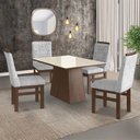 Ver imagem 1 de Conjunto Sala de Jantar Mesa 90x120cm Tampo Vidro com 4 Cadeiras Madeira Maciça Tecido Linho Cinza/Tabaco/Off White