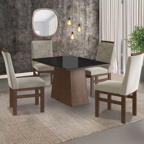 Conjunto Sala de Jantar Mesa 90x120cm Tampo Vidro com 4 Cadeiras Madeira Maciça Tecido Joli Cinza/Tabaco/Preto
