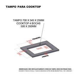 Tampo de 70cm X 54,5cm para Cooktop 4 Bocas com Furo de 50cm X 35cm Luciane Móveis - 2
