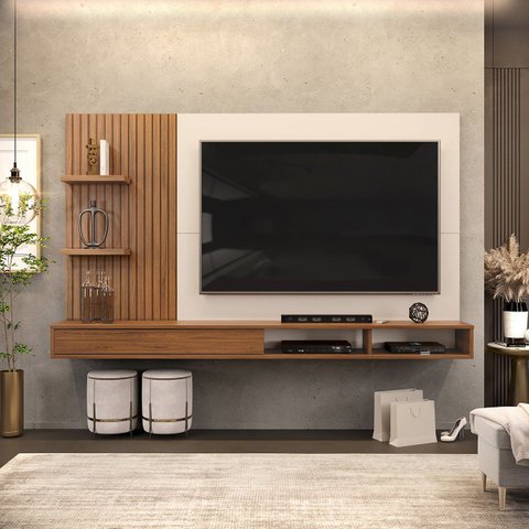 Painel para TV até 60 Polegadas Bento Ripado com Nichos - Freijó/Offwhite