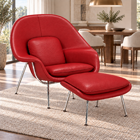 Poltrona Womb Chair com Puff em Couro Ecológico - Vermelho