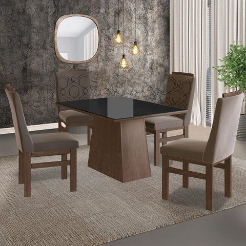 Conjunto Sala de Jantar Mesa 90x120cm Tampo Vidro com 4 Cadeiras Madeira Maciça Tecido Joli Marrom/Tabaco/Preto
