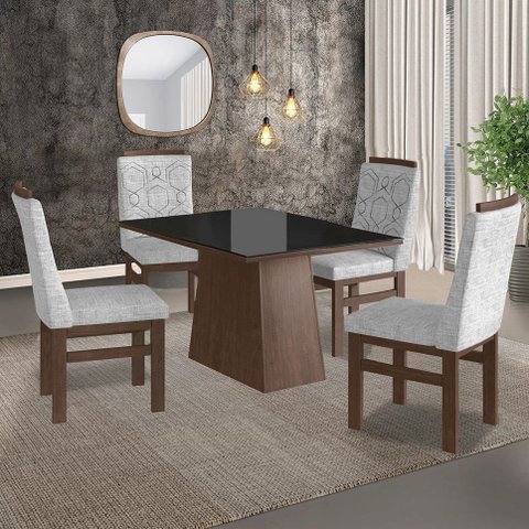 Conjunto Sala de Jantar Mesa 90x120cm Tampo Vidro com 4 Cadeiras Madeira Maciça Tecido Linho Cinza/Tabaco/Preto