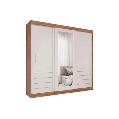 Guarda Roupa Casal 3 Portas de Correr (1 C/ Espelho) e 6 Gavetas Cecilia Cinamomo/off White - Panan
