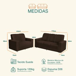 Conjunto de Sofá Roma 3 e 2 Lugares 1,74m X 1,24m Suede Marrom Café - Sofá Casa - 3