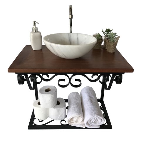 Lindo Balcão de Banheiro Rústico em Ferro e Madeira de Demolição Libertas Rosas Artesanato Bancada R